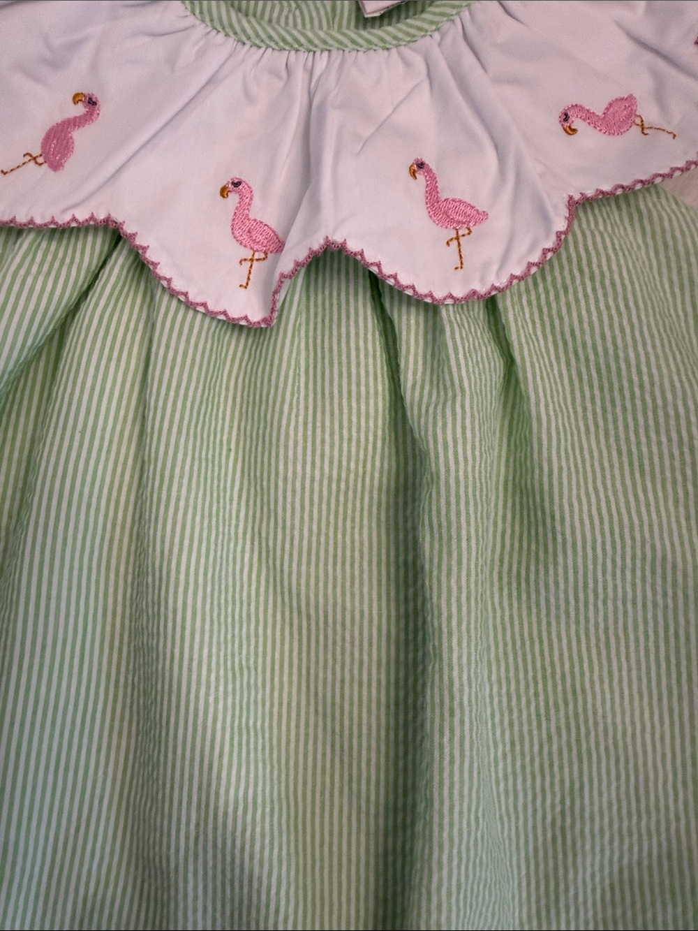 Stitchy Fish Girls Green Seersucker Dress with Pink Flamingo Collar - Picture 4 of 6